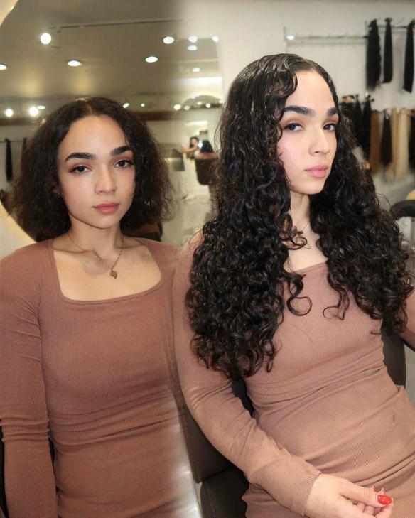 Client before and after, about 300 grams of custom hair
