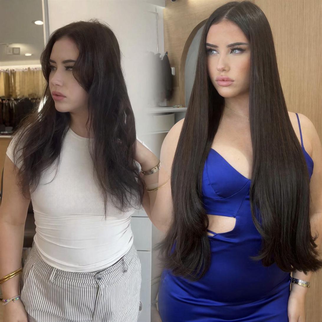 Client before and after, about 300 grams of custom hair