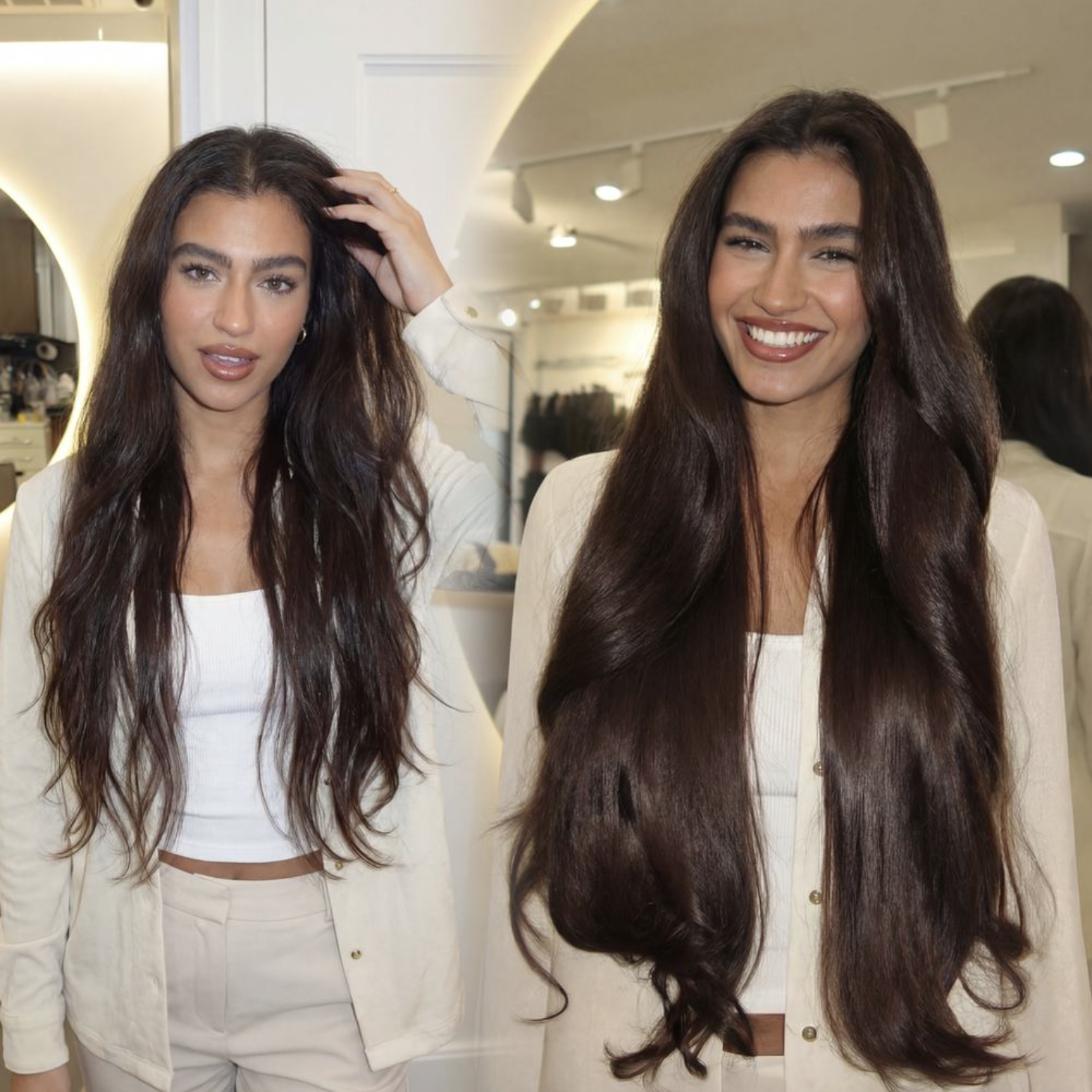 Client before and after, about 250 grams of custom hair