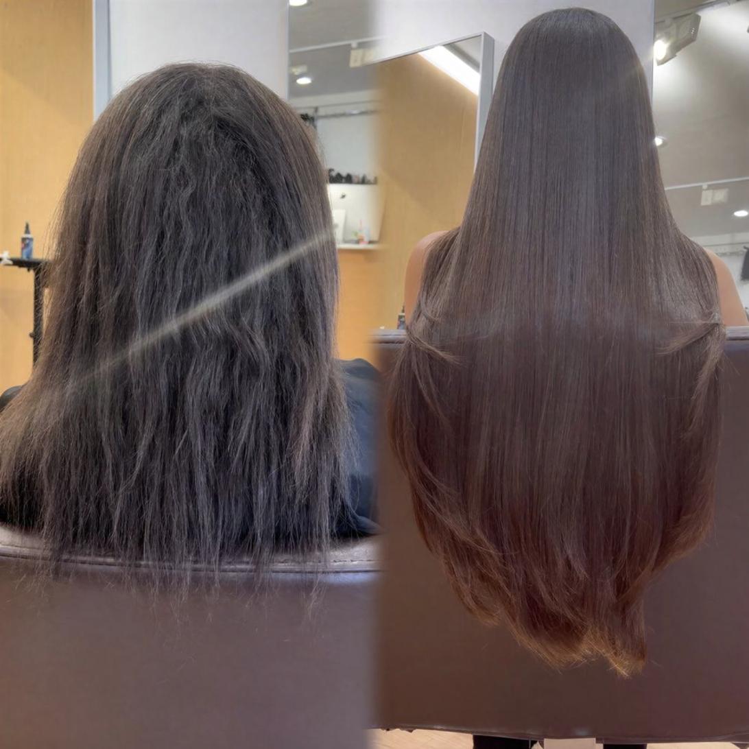 Client before and after, about 300 grams of custom hair