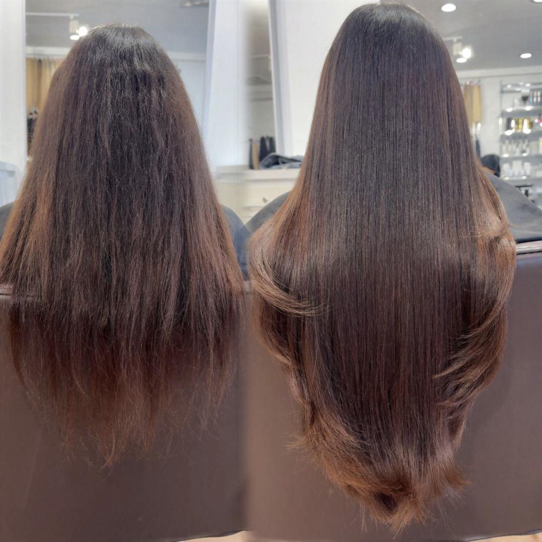 Client before and after, about 200 grams of custom hair