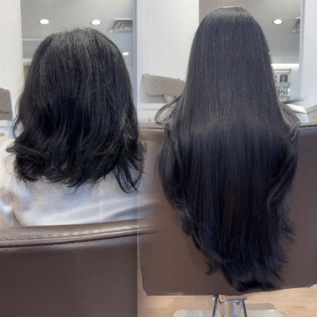 Client before and after, about 300 grams of custom hair