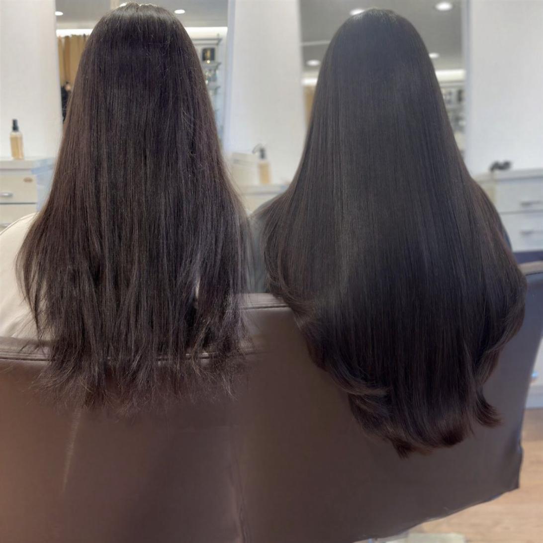 Client before and after, about 150 grams of custom hair
